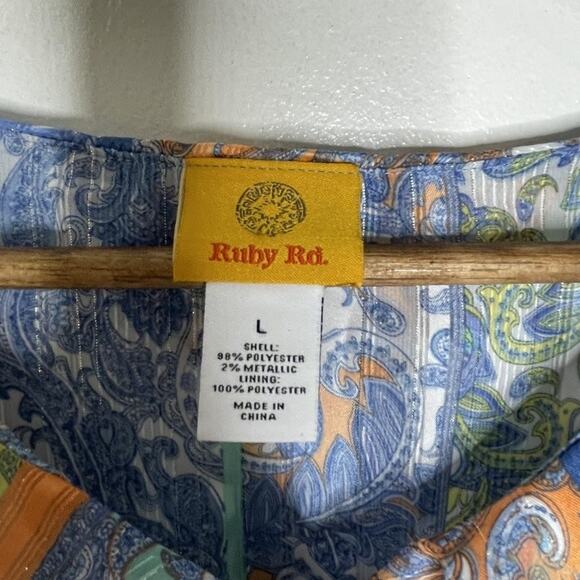 Ruby Rd Blouse Womens Large Blue Orange Paisley Ruffle Sheer Metallic Boho Top - Picture 3 of 6